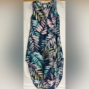 Cupio Tropical Palm Leaf Print Sleeveless Dress  Resortwear, Sharkbite Hem,Hi-Lo